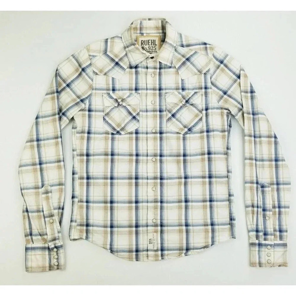 Ruehl Other - Ruehl No. 925 Size Medium Men's Vanilla Tan Gray Plaid Western Pearl Snap Shirt